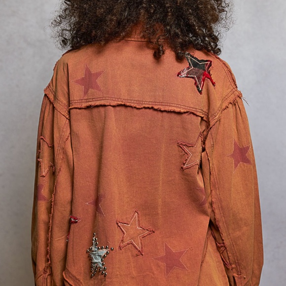 New Pol Denim Shacket Top Button Shirt Women Stars Boho Anthropologie Terra Cota - Picture 12 of 13